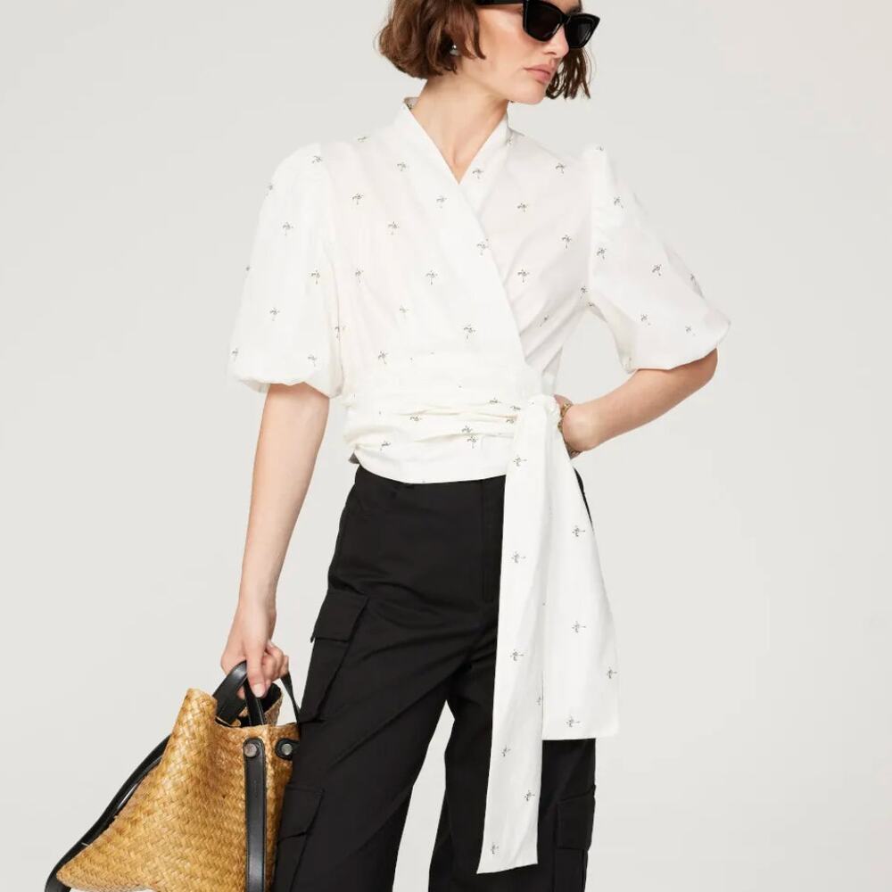 Munthe White Wrap Top SIZE 6 Puff Sleeves Romantic Cottage Cotton Designer $189